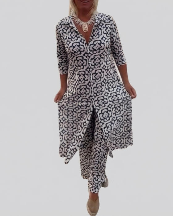 Sara | Completo Bohemien con Tunica a Stampa Geometrica e Pantaloni a Gamba Larga