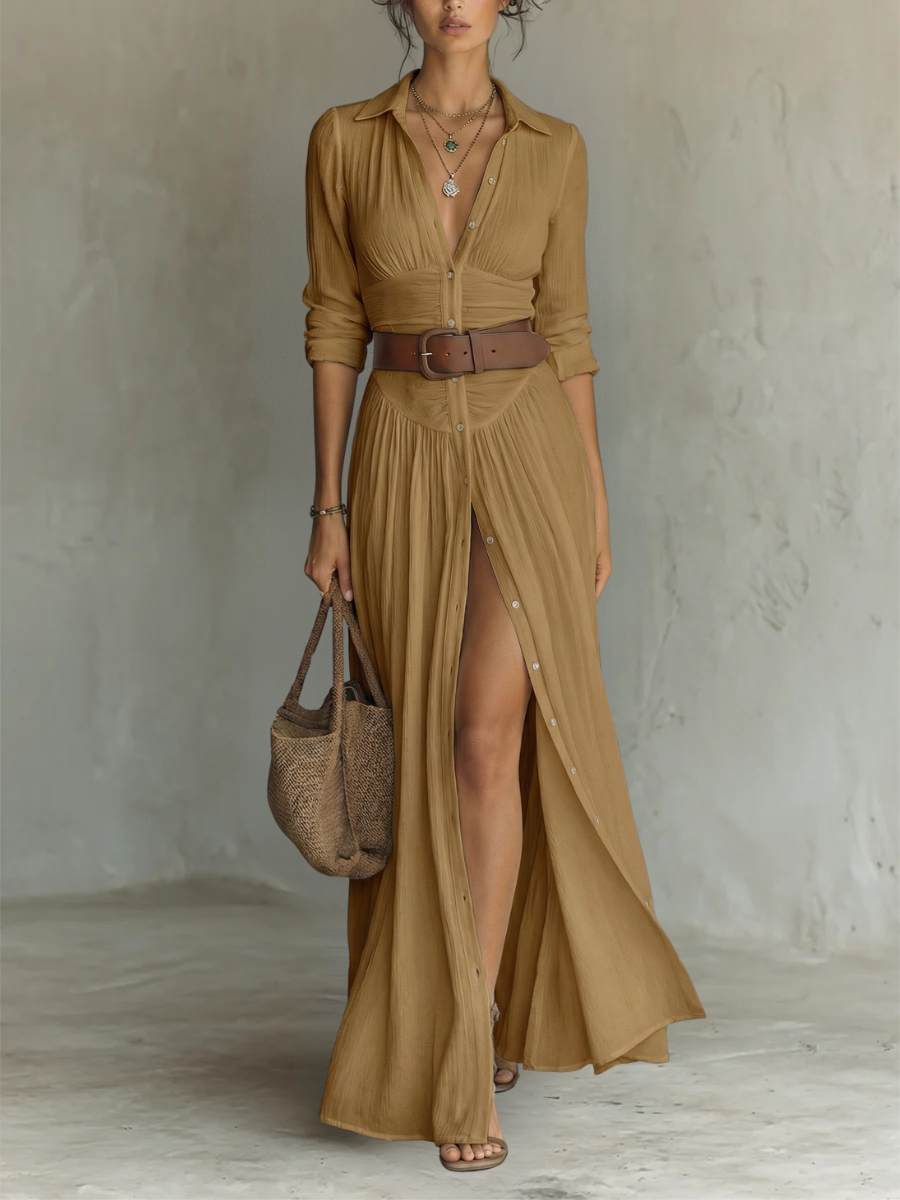 Vestito Maxi Lungo con Collo Notched e Maniche Lunghe per Donne