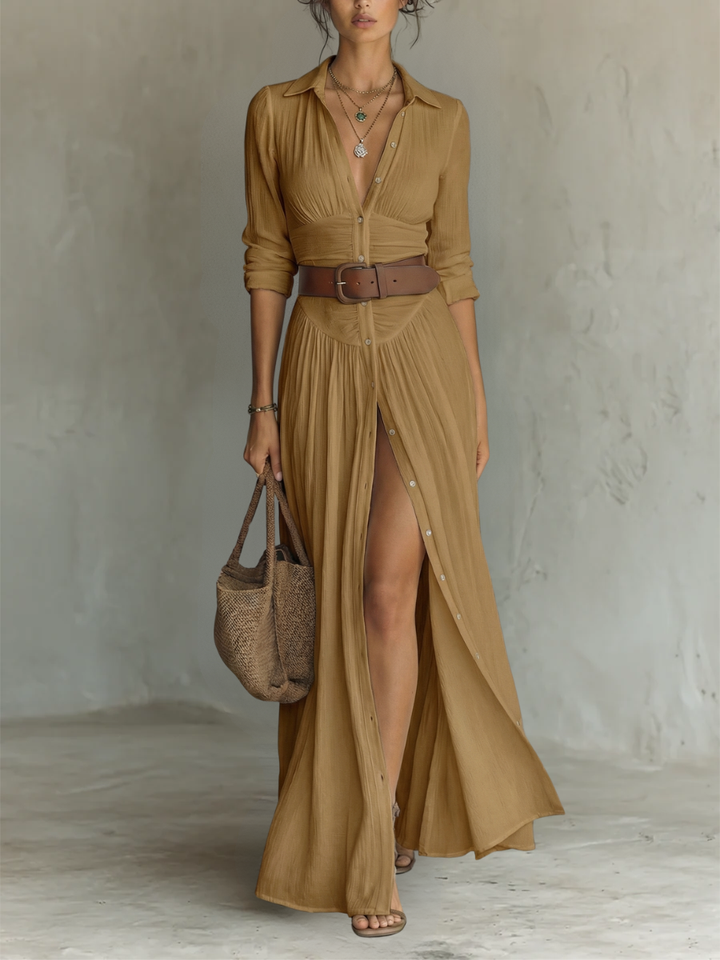 Vestito Maxi Lungo con Collo Notched e Maniche Lunghe per Donne