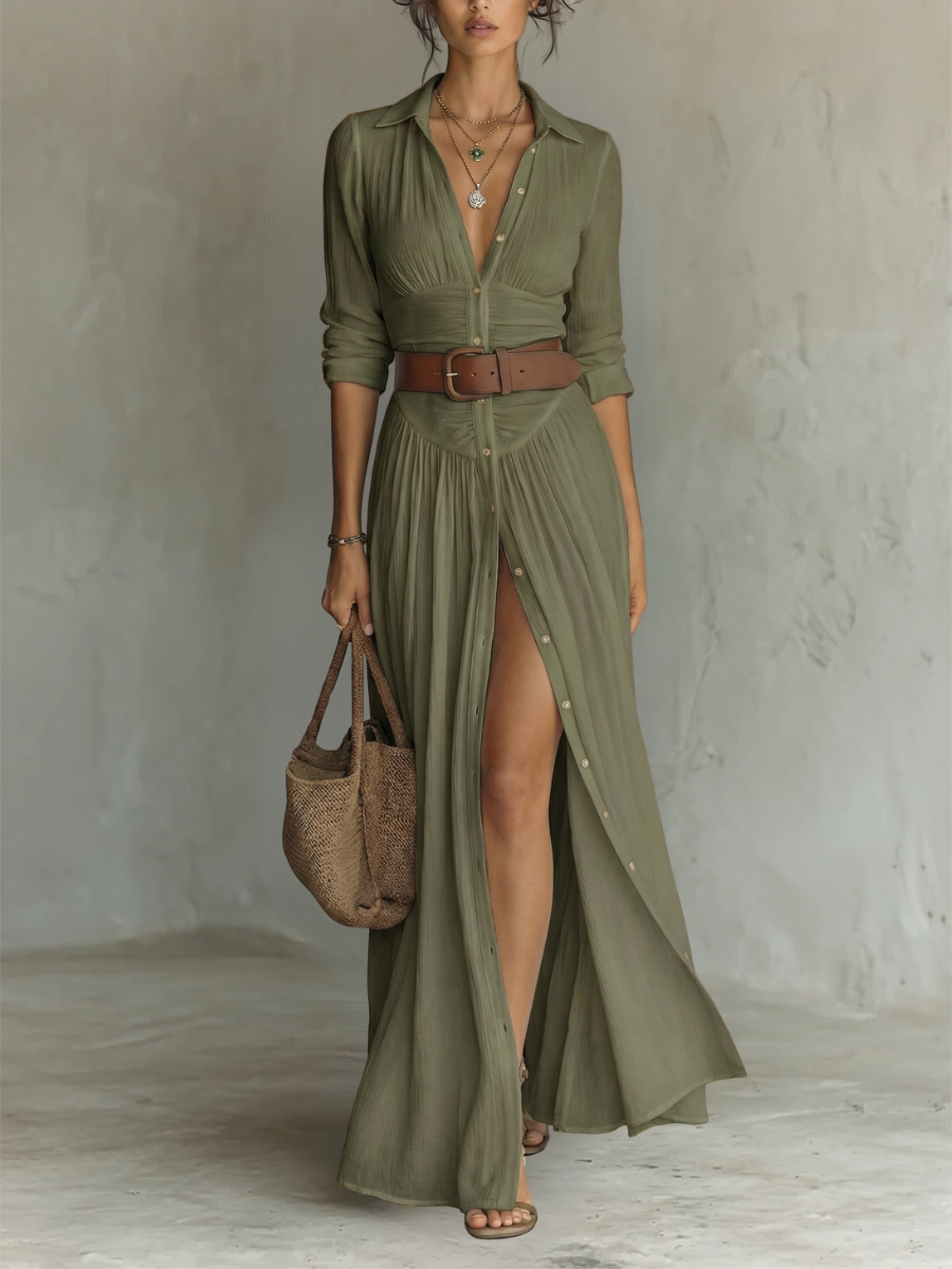 Vestito Maxi Lungo con Collo Notched e Maniche Lunghe per Donne
