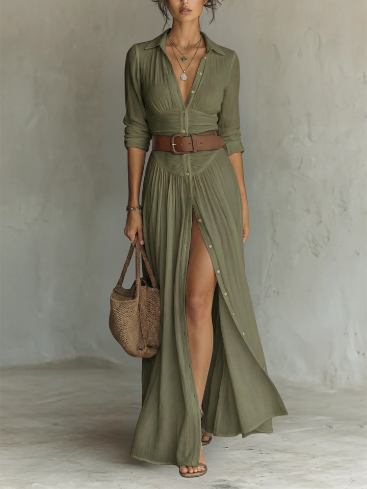 Vestito Maxi Lungo con Collo Notched e Maniche Lunghe per Donne