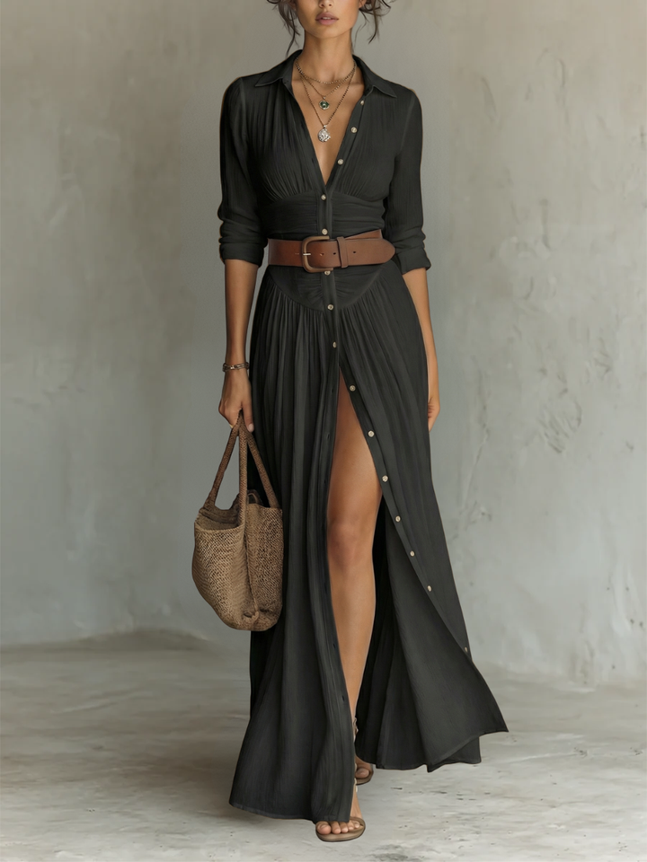 Vestito Maxi Lungo con Collo Notched e Maniche Lunghe per Donne