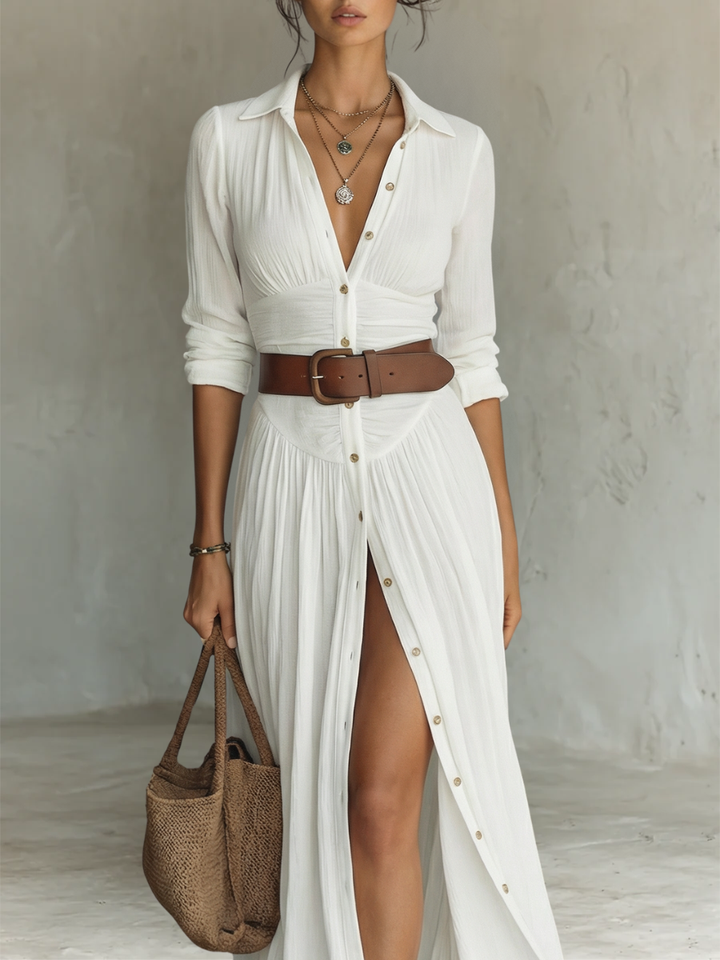 Vestito Maxi Lungo con Collo Notched e Maniche Lunghe per Donne