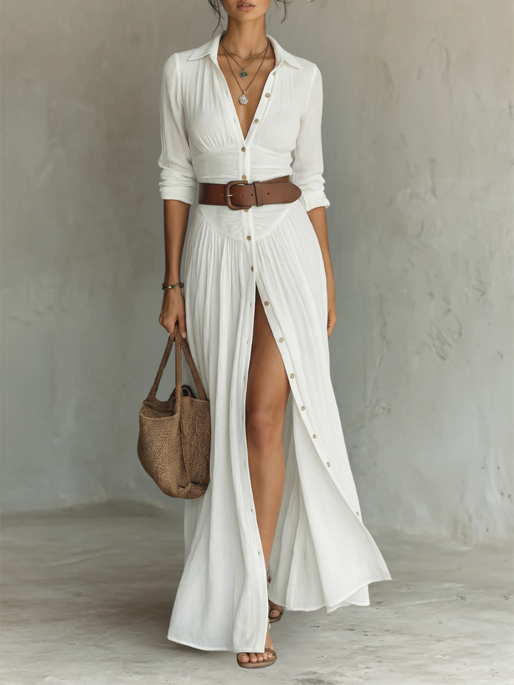 Vestito Maxi Lungo con Collo Notched e Maniche Lunghe per Donne