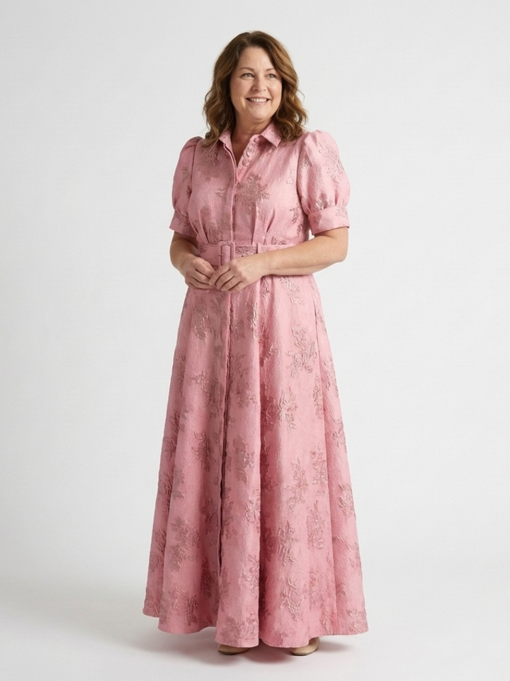 Xanthea | Vestito Camicia Maxi Testurizzato Floreale con Maniche Corte e Cintura