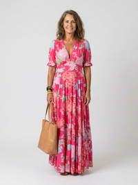 Ione | Vestito Midi Floreale a Manica Corta con Scollatura a V