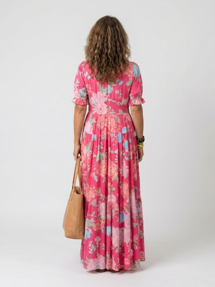 Ione | Vestito Midi Floreale a Manica Corta con Scollatura a V