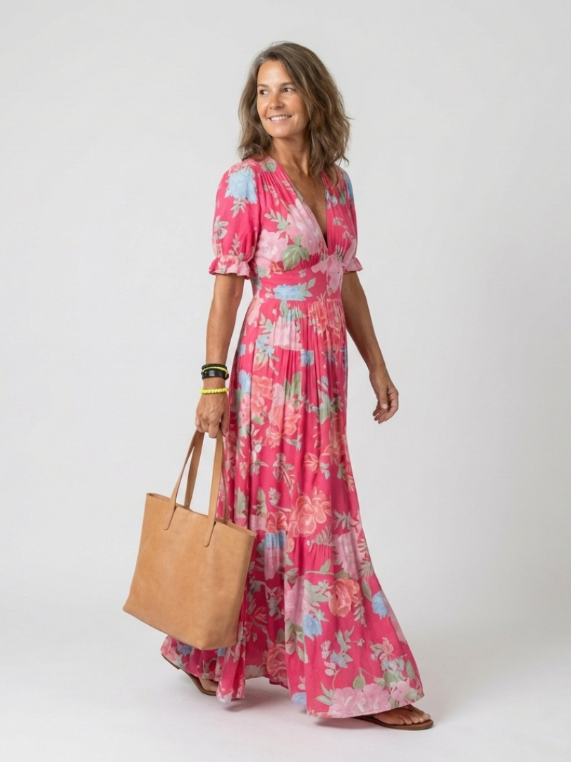 Ione | Vestito Midi Floreale a Manica Corta con Scollatura a V
