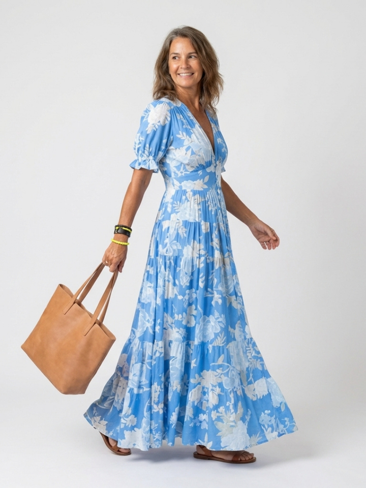 Ione | Vestito Midi Floreale a Manica Corta con Scollatura a V