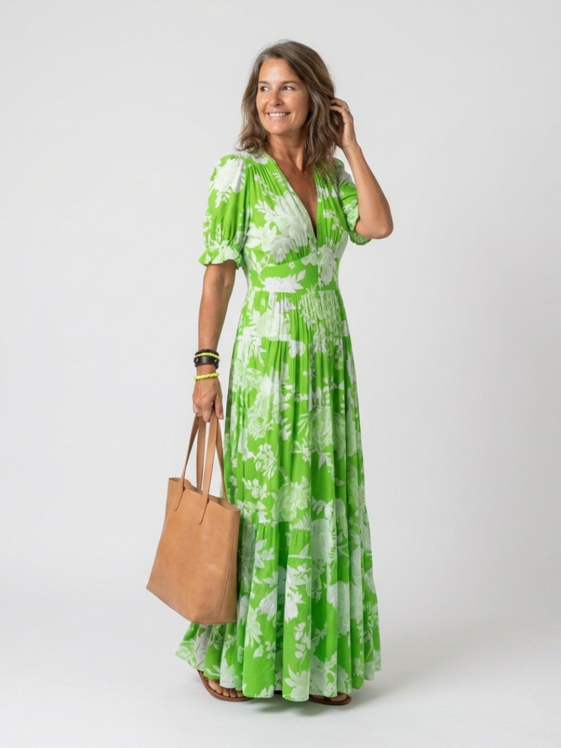 Ione | Vestito Midi Floreale a Manica Corta con Scollatura a V