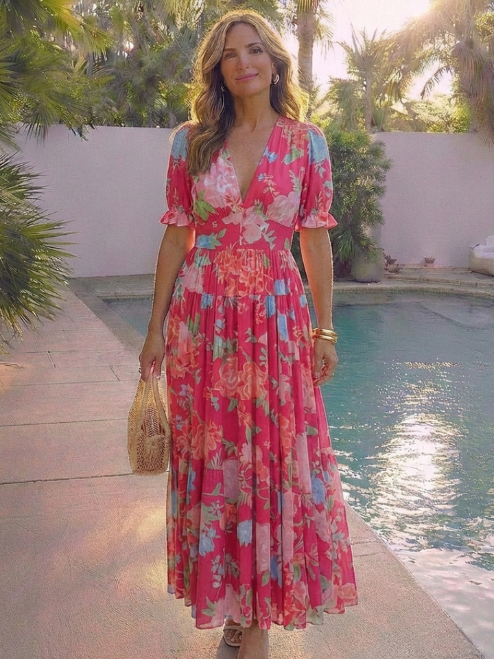 Ione | Vestito Midi Floreale a Manica Corta con Scollatura a V