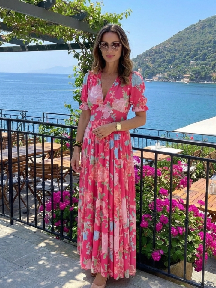 Ione | Vestito Midi Floreale a Manica Corta con Scollatura a V