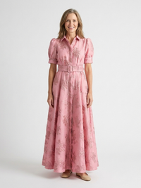 Xanthea | Vestito Camicia Maxi Testurizzato Floreale con Maniche Corte e Cintura