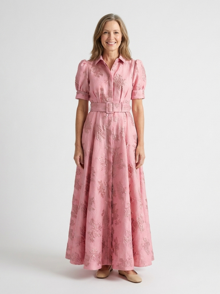 Xanthea | Vestito Camicia Maxi Testurizzato Floreale con Maniche Corte e Cintura