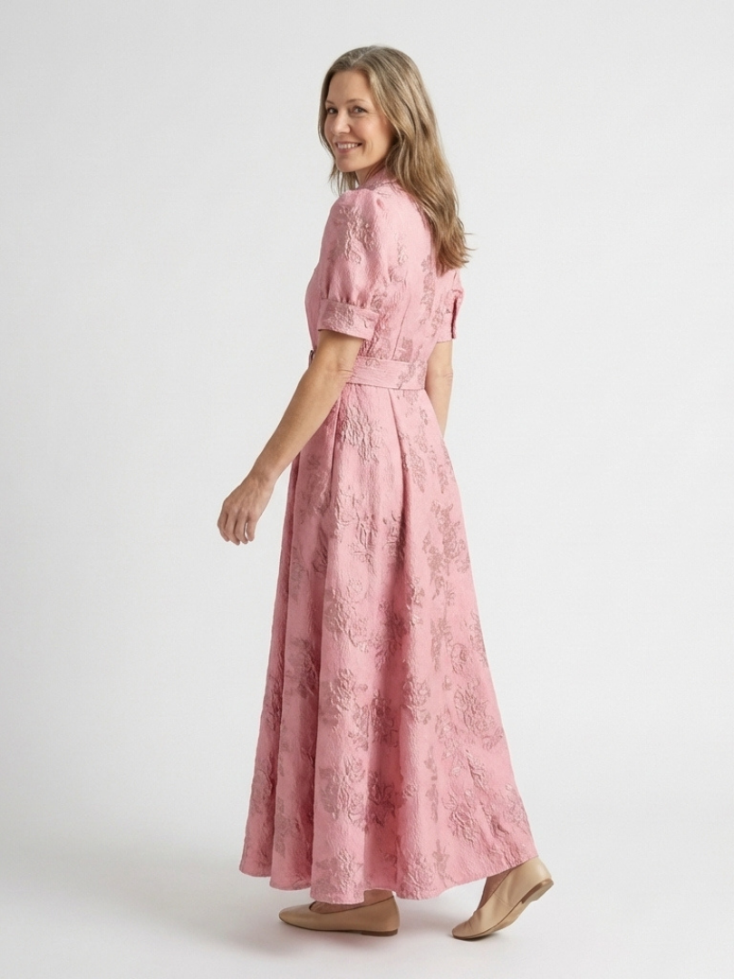 Xanthea | Vestito Camicia Maxi Testurizzato Floreale con Maniche Corte e Cintura