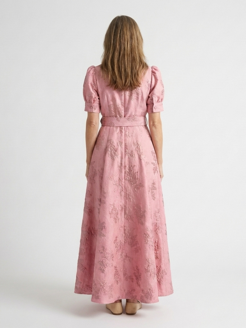 Xanthea | Vestito Camicia Maxi Testurizzato Floreale con Maniche Corte e Cintura