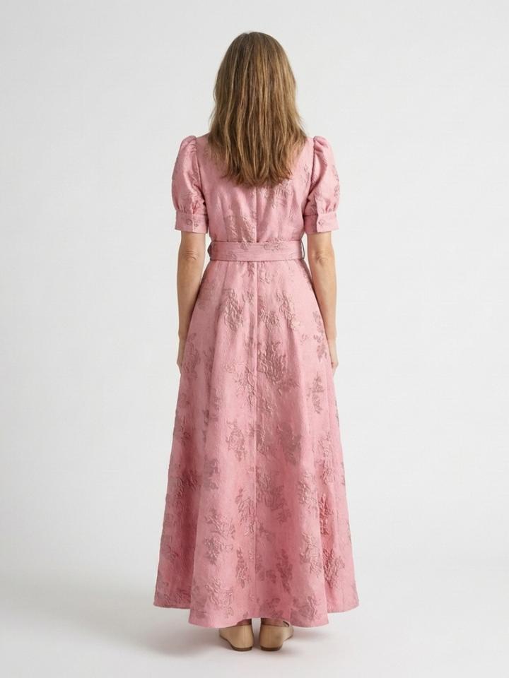 Xanthea | Vestito Camicia Maxi Testurizzato Floreale con Maniche Corte e Cintura