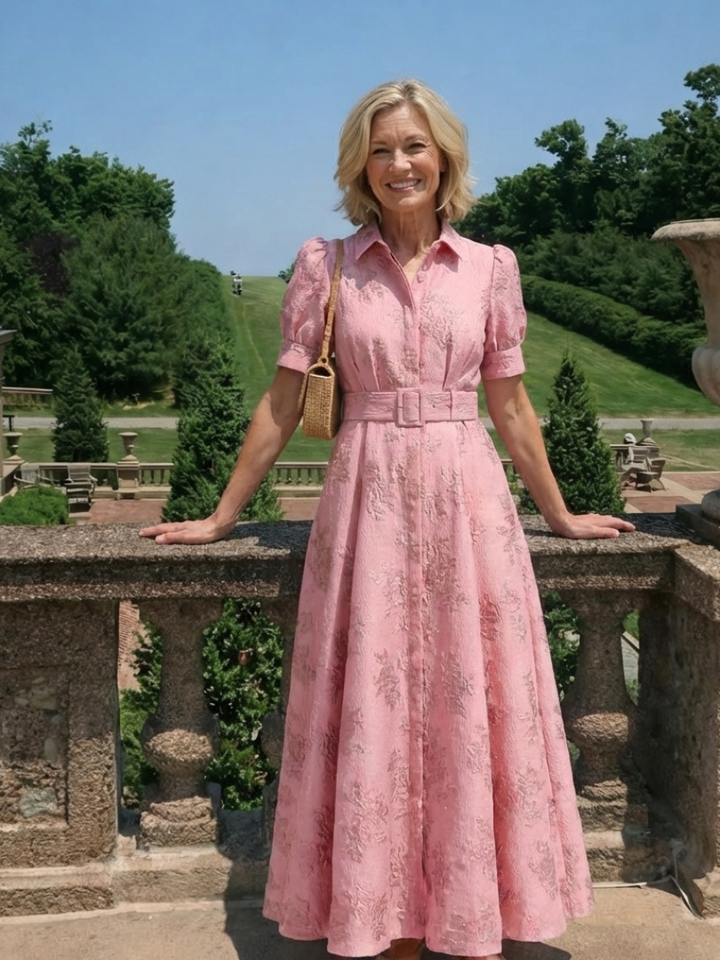 Xanthea | Vestito Camicia Maxi Testurizzato Floreale con Maniche Corte e Cintura