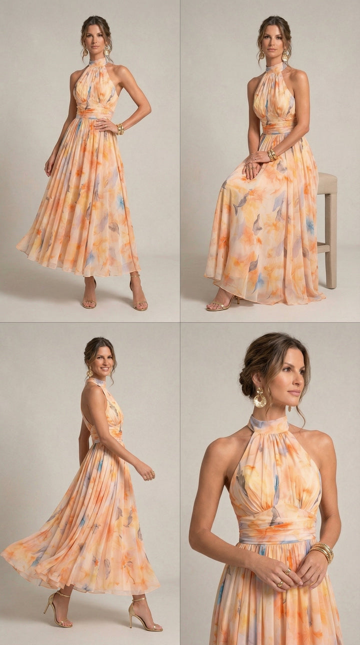 Esther™ | Vestito con Collo Halter e Stampa Acquerello