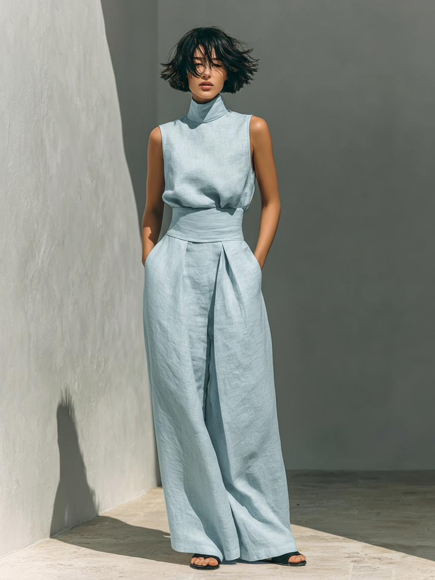 Selene | Completo Minimalista in Cotone e Lino con Pantaloni Larghi