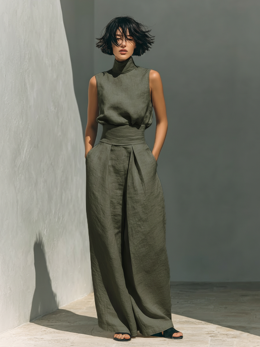 Selene | Completo Minimalista in Cotone e Lino con Pantaloni Larghi