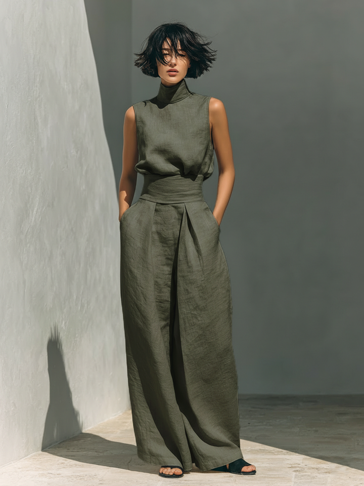 Selene | Completo Minimalista in Cotone e Lino con Pantaloni Larghi