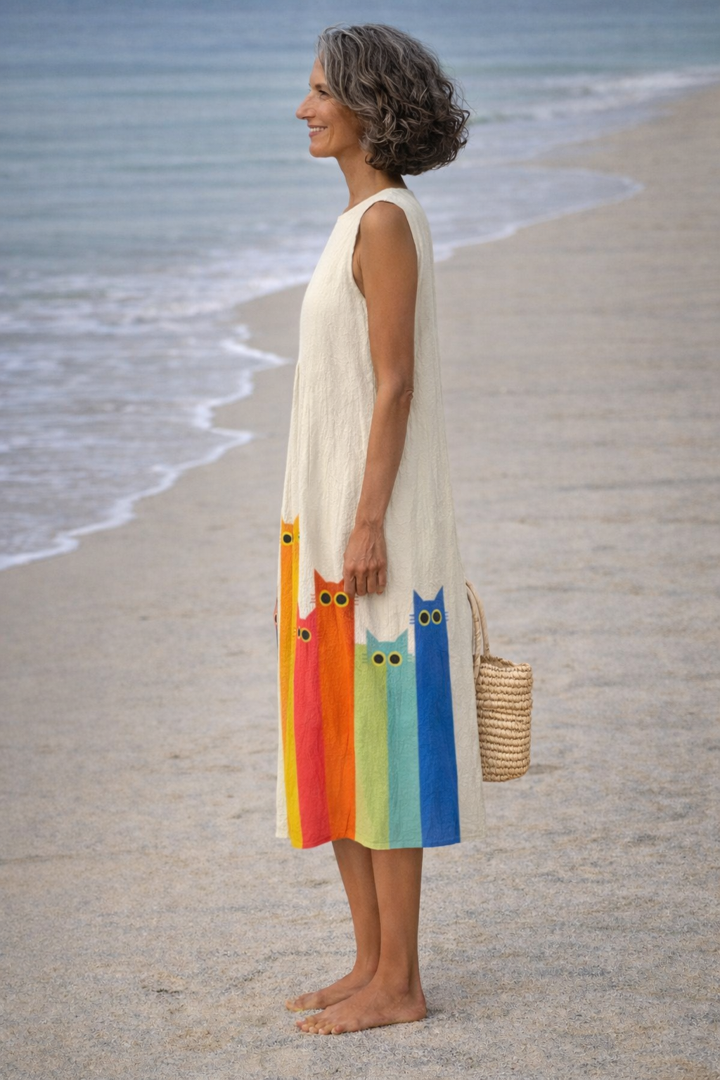 Penélope | Vestito midi con arte di gatti colorati