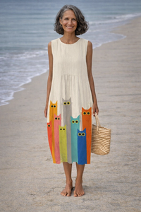 Penélope | Vestito midi con arte di gatti colorati