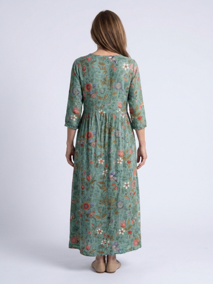 Marina | Vestito Maxi Floreale con Scollatura a V e Maniche a Tre Quarti