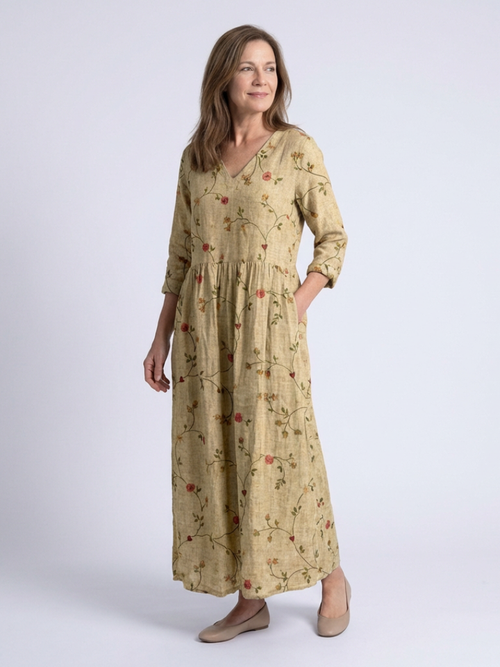 Marina | Vestito Maxi Floreale con Scollatura a V e Maniche a Tre Quarti