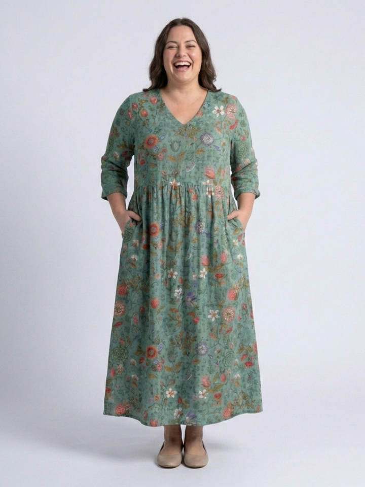 Marina | Vestito Maxi Floreale con Scollatura a V e Maniche a Tre Quarti