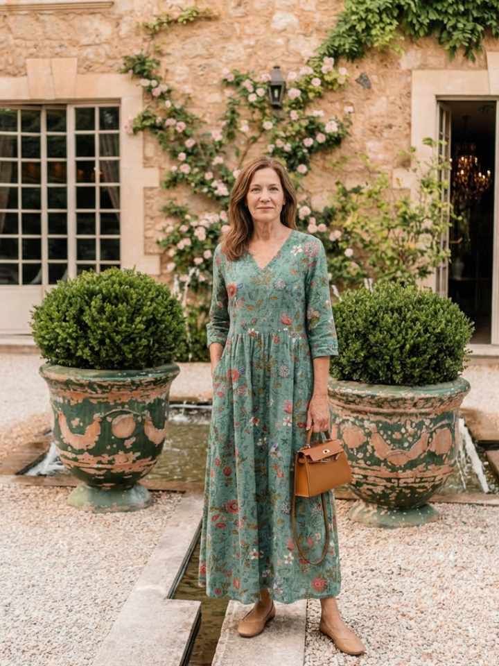 Marina | Vestito Maxi Floreale con Scollatura a V e Maniche a Tre Quarti
