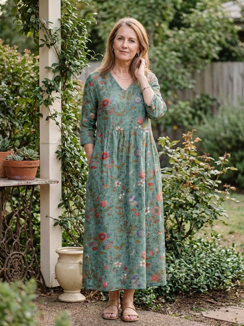 Marina | Vestito Maxi Floreale con Scollatura a V e Maniche a Tre Quarti