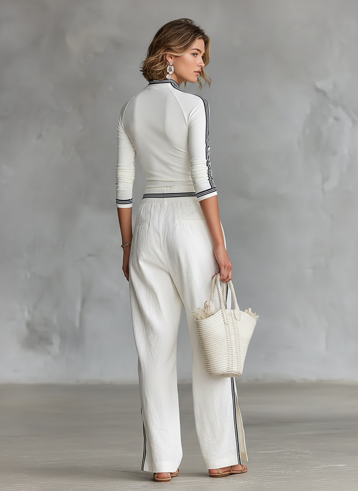 Set di Due Pezzi per Donne: Maglietta Sportiva a Maniche Lunghe con Collo Alto e Pantaloni Larghi con Coulisse