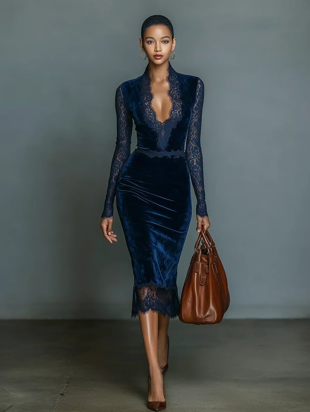Abito Midi Slim-fit in Velluto Blu Scuro Elegante e di Moda per Donne con Scollatura a V e Maniche in Pizzo