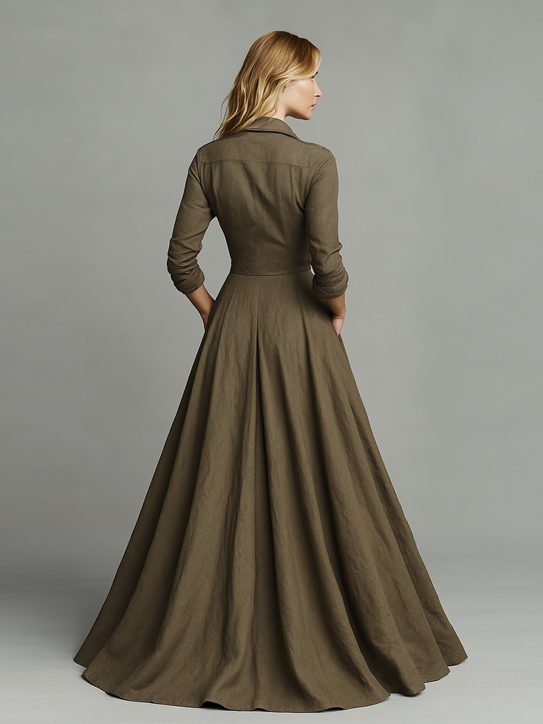 Abito Maxi Vintage in Cotone e Lino per Donna con Design a Camicia