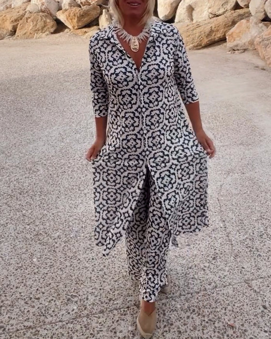 Sara | Completo Bohemien con Tunica a Stampa Geometrica e Pantaloni a Gamba Larga