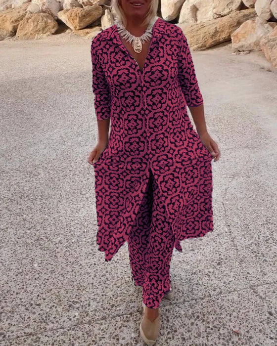 Sara | Completo Bohemien con Tunica a Stampa Geometrica e Pantaloni a Gamba Larga