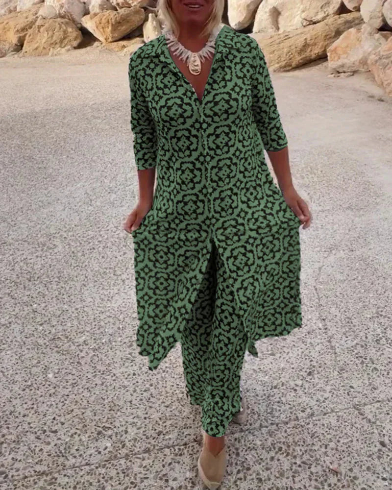 Sara | Completo Bohemien con Tunica a Stampa Geometrica e Pantaloni a Gamba Larga