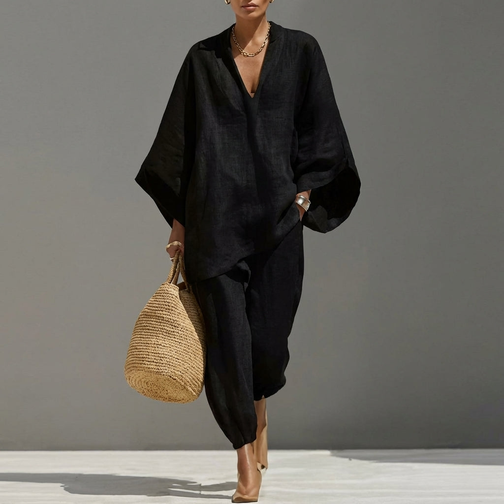 Marina | Completo Top Relaxed Collo a V e Pantaloni a Gamba Larga
