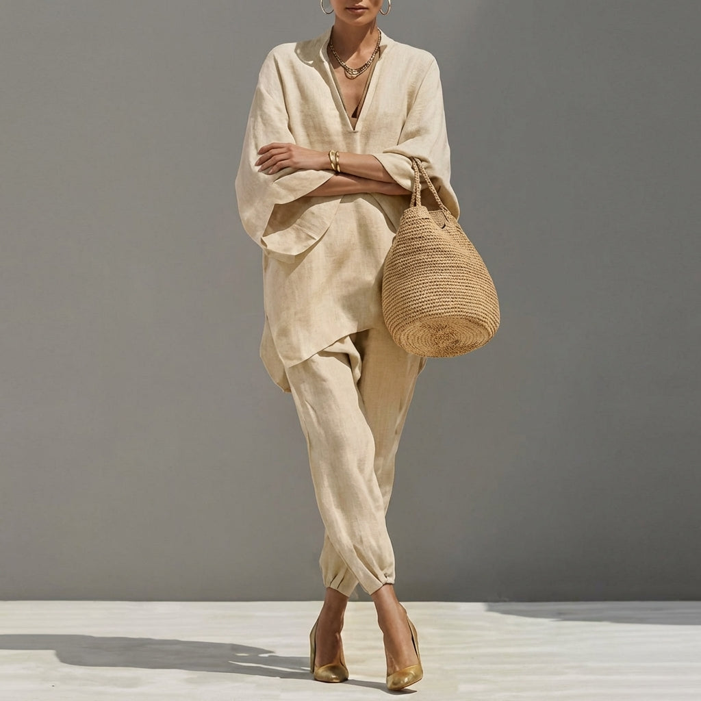 Marina | Completo Top Relaxed Collo a V e Pantaloni a Gamba Larga