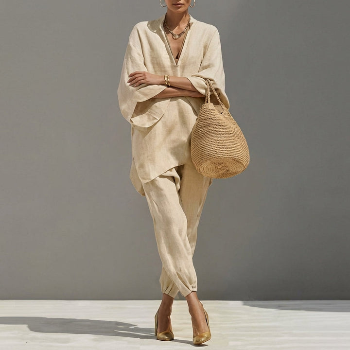 Marina | Completo Top Relaxed Collo a V e Pantaloni a Gamba Larga