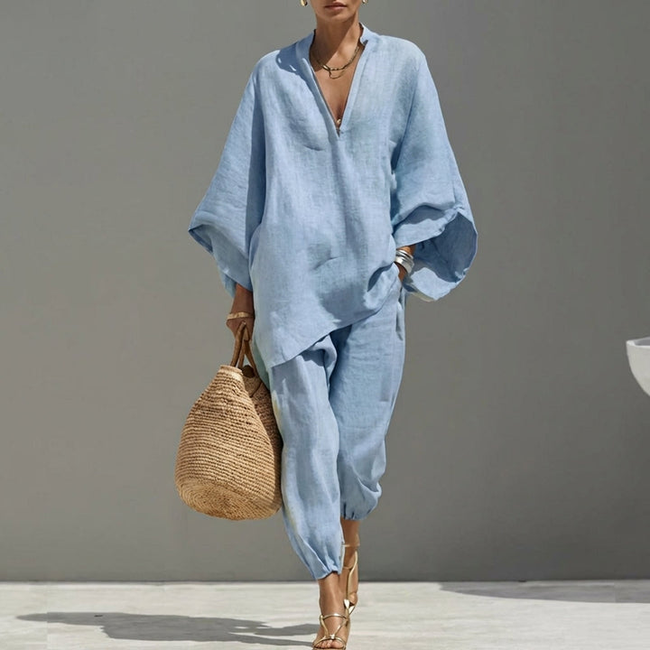 Marina | Completo Top Relaxed Collo a V e Pantaloni a Gamba Larga