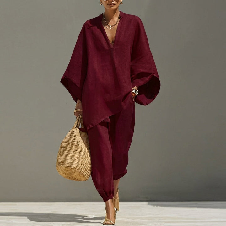 Marina | Completo Top Relaxed Collo a V e Pantaloni a Gamba Larga