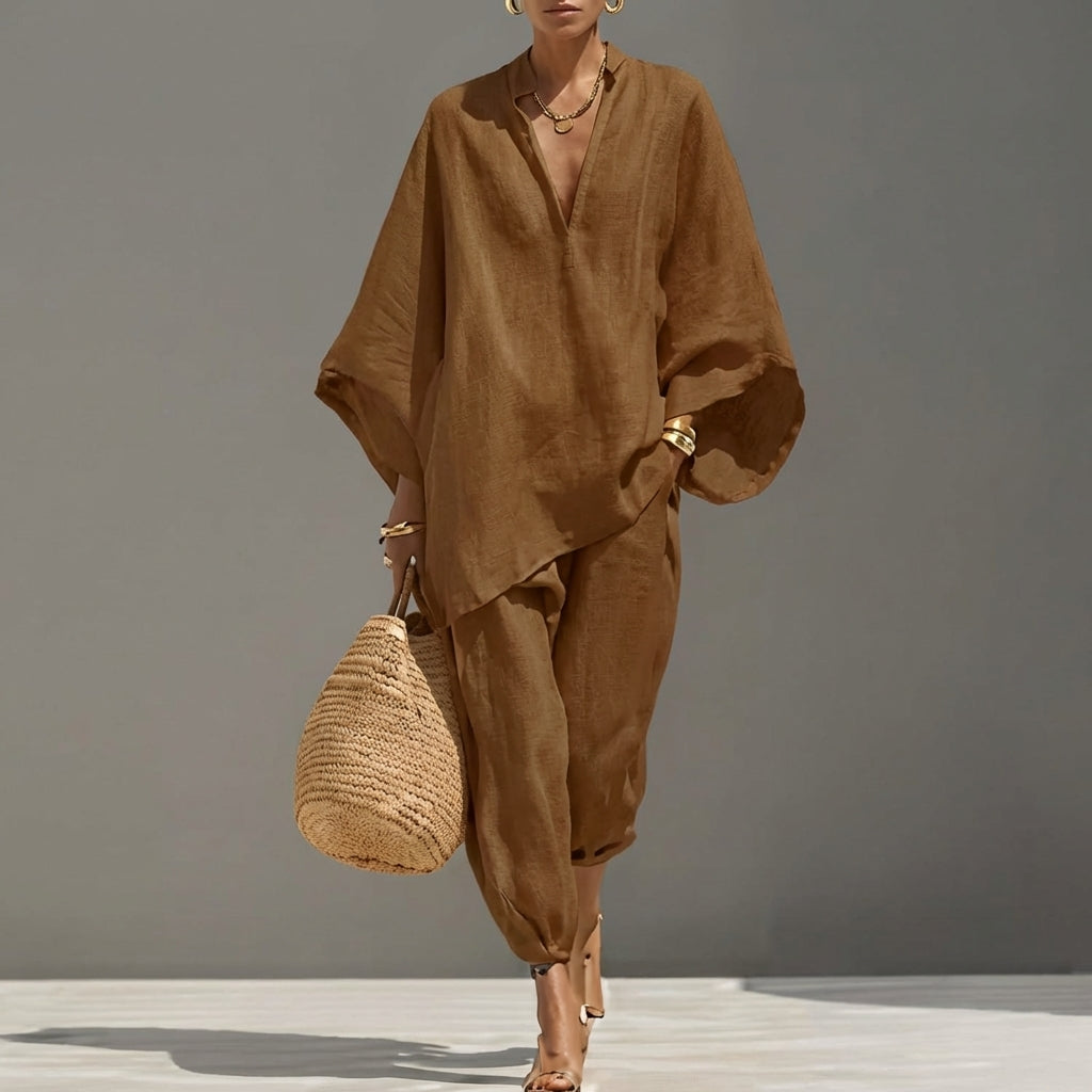 Marina | Completo Top Relaxed Collo a V e Pantaloni a Gamba Larga