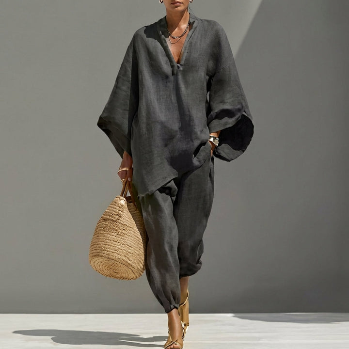 Marina | Completo Top Relaxed Collo a V e Pantaloni a Gamba Larga