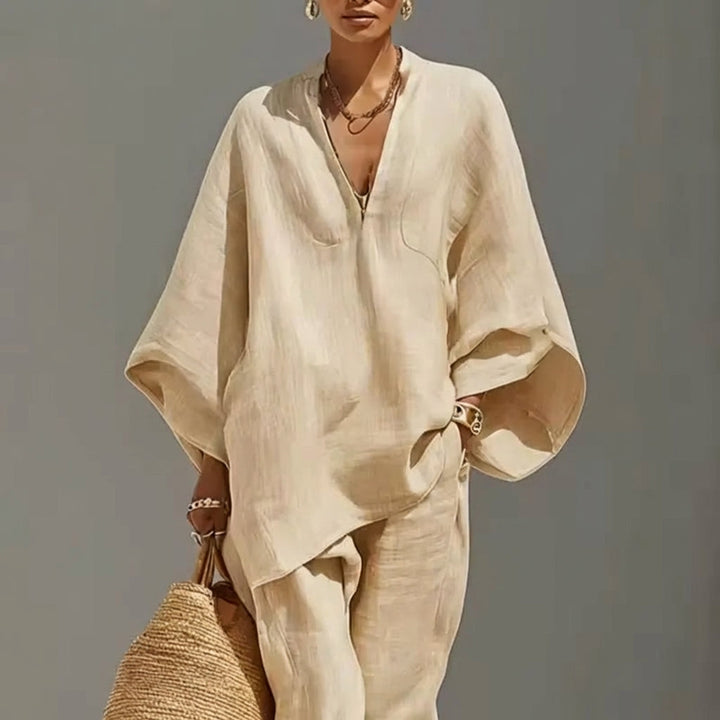Marina | Completo Top Relaxed Collo a V e Pantaloni a Gamba Larga