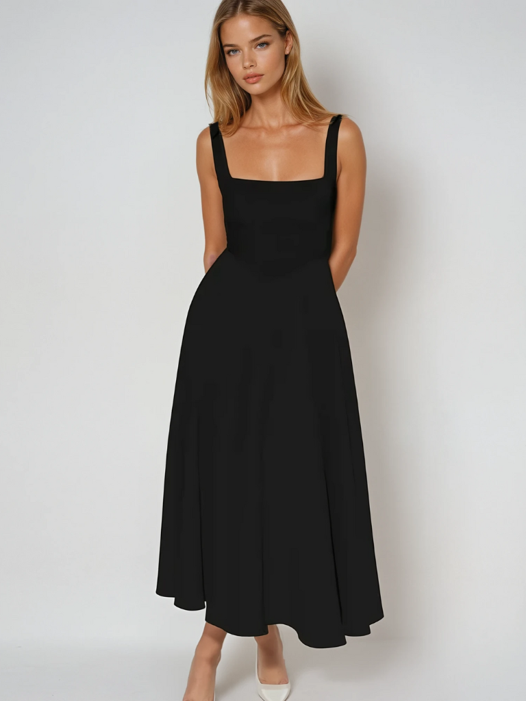 NOMI | Abito Nero Elegante al Ginocchio con Scollo Quadrato