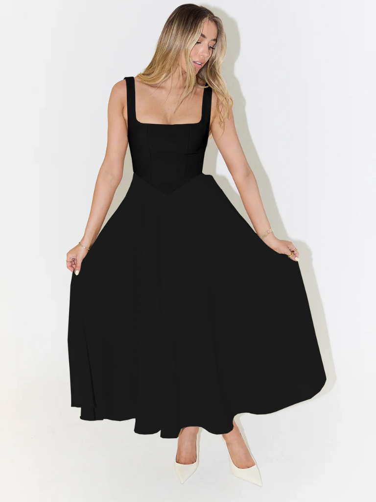 NOMI | Abito Nero Elegante al Ginocchio con Scollo Quadrato
