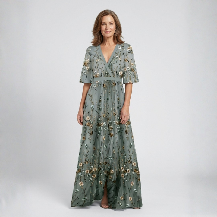 Élodie – Vestito lungo con fiori e scollo a V